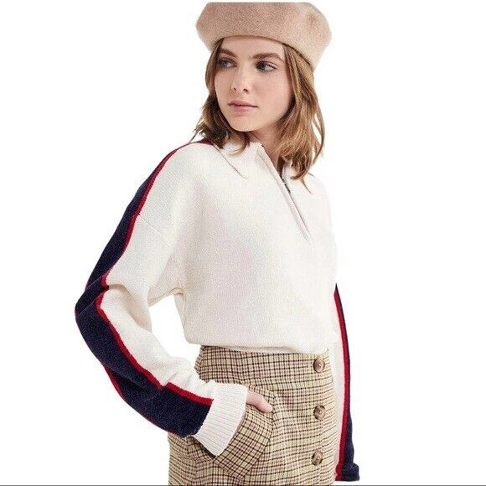 Urban Outfitters Size XS Ivory Juno Velour Sweater Stripe Trim 1/4 Zip Pullover